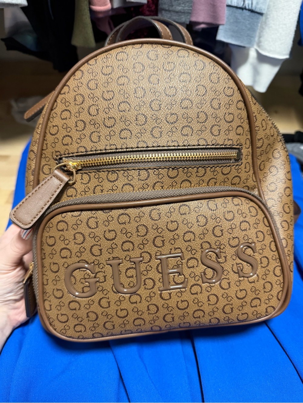 Guess Brown Logo Dome Backpack with Gold Hardware